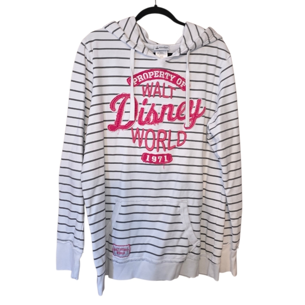Disney World Striped Pullover Hoodie in White with Pink Logo